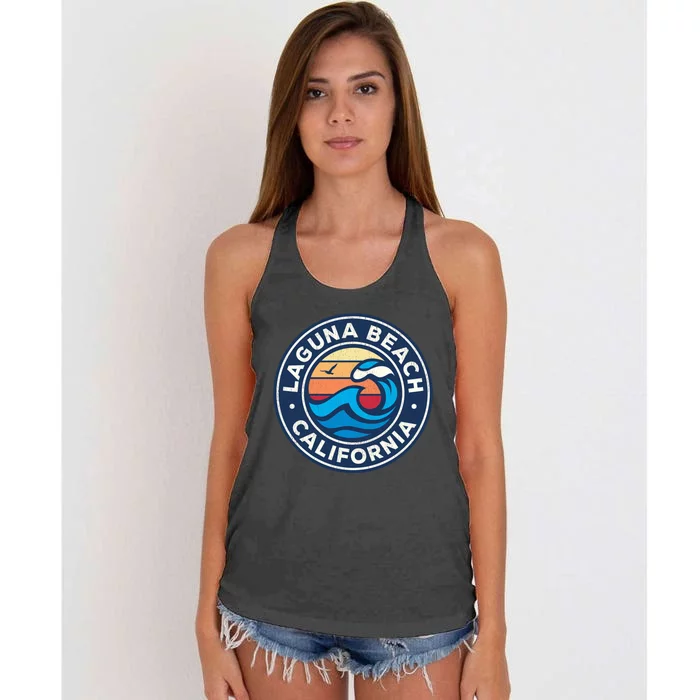 Laguna Beach California Ca Vintage Nautical Waves Design Women's Knotted Racerback Tank