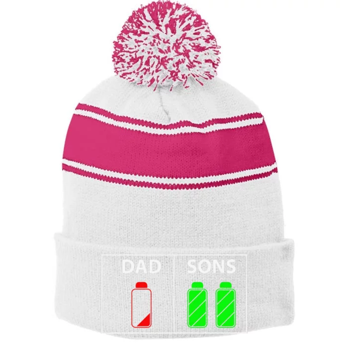 Low Battery Dad of Two Sons or Twin Father's Day Gift Stripe Pom Pom Beanie