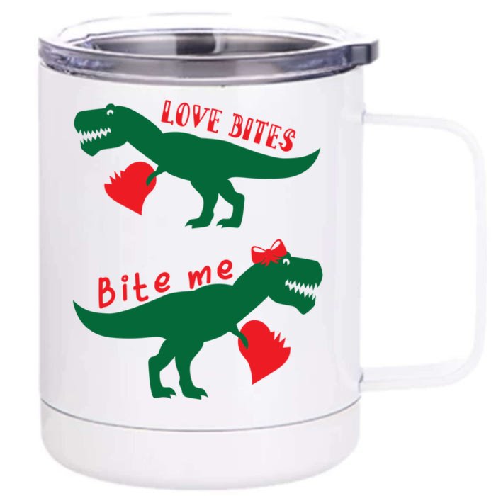 Love Bites Dinosaurs Holding Hearts Valentines Day Dinosaur Gift Front & Back 12oz Stainless Steel Tumbler Cup