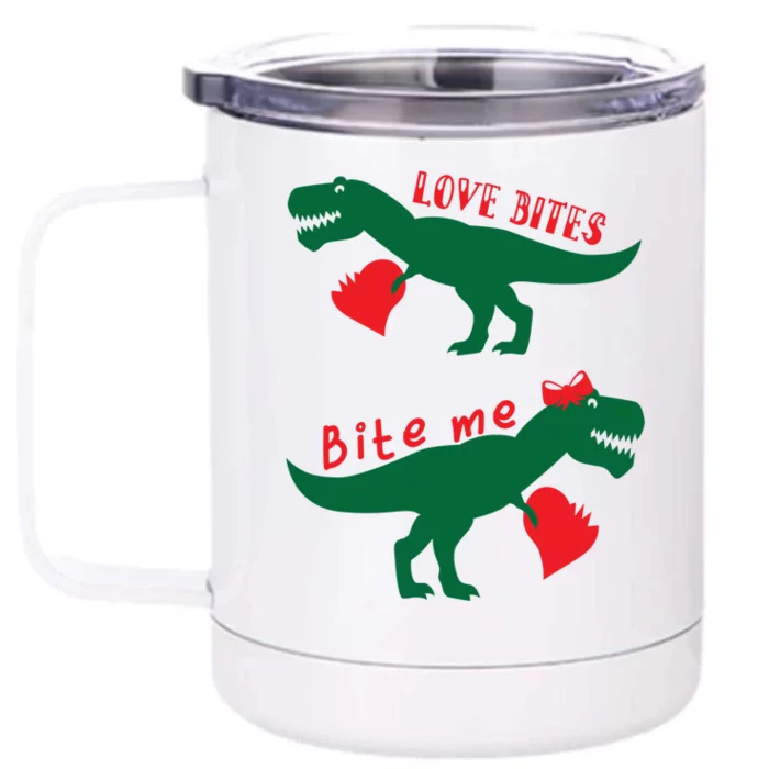 Love Bites Dinosaurs Holding Hearts Valentines Day Dinosaur Gift Front & Back 12oz Stainless Steel Tumbler Cup