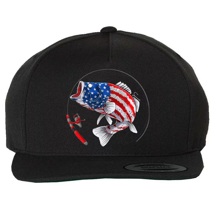 Largemouth Bass Fish USA American Flag Wool Snapback Cap