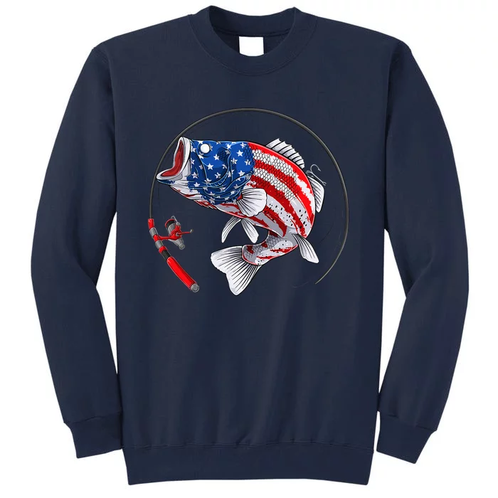 Largemouth Bass Fish USA American Flag Tall Sweatshirt