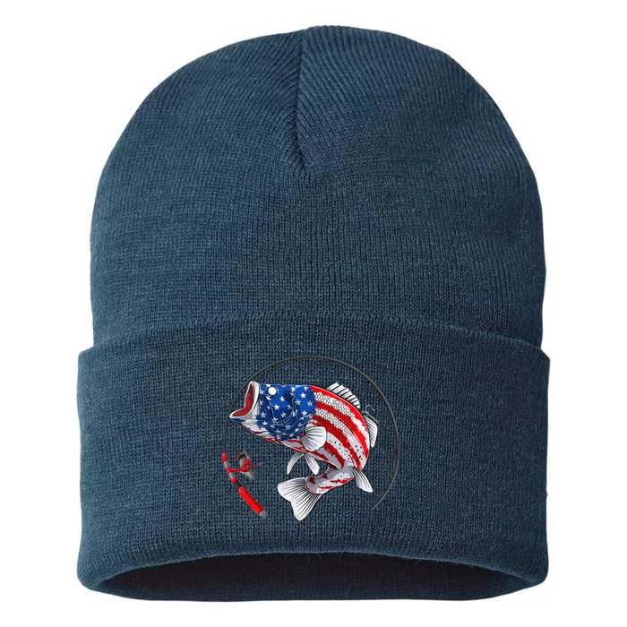 Largemouth Bass Fish USA American Flag Sustainable Knit Beanie