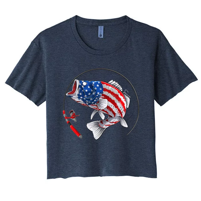 Largemouth Bass Fish USA American Flag Women's Crop Top Tee