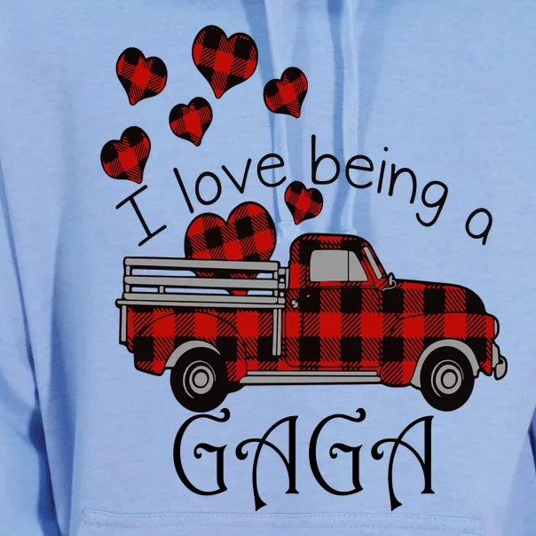 Love Being Gaga Red Plaid Truck Gnome Hearts Valentine's Day Gift, Funny Red Unisex Surf Hoodie