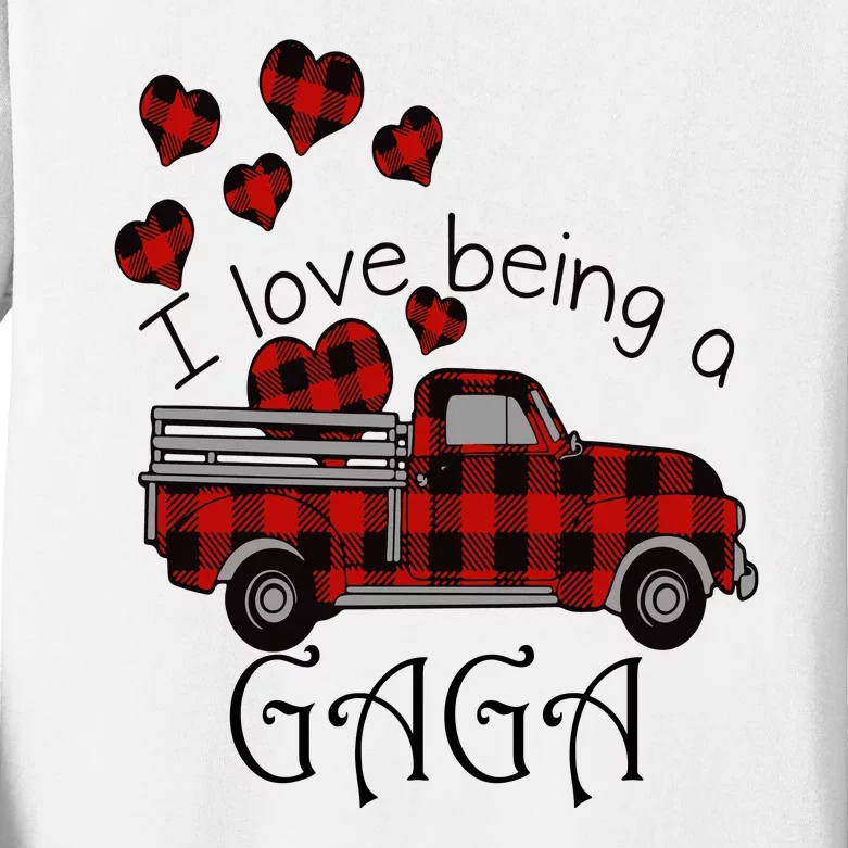 Love Being Gaga Red Plaid Truck Gnome Hearts Valentine's Day Gift, Funny Red Kids Long Sleeve Shirt