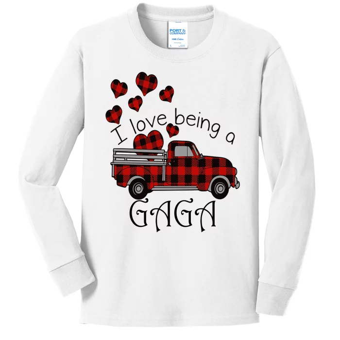 Love Being Gaga Red Plaid Truck Gnome Hearts Valentine's Day Gift, Funny Red Kids Long Sleeve Shirt