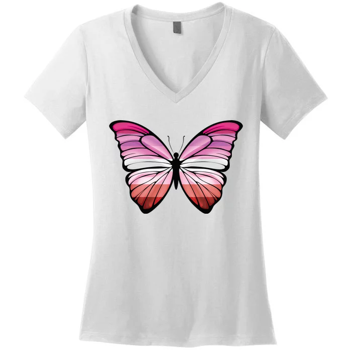 Lesbian Butterfly Hypolimnas Lesbian Pride Flag Women's V-Neck T-Shirt