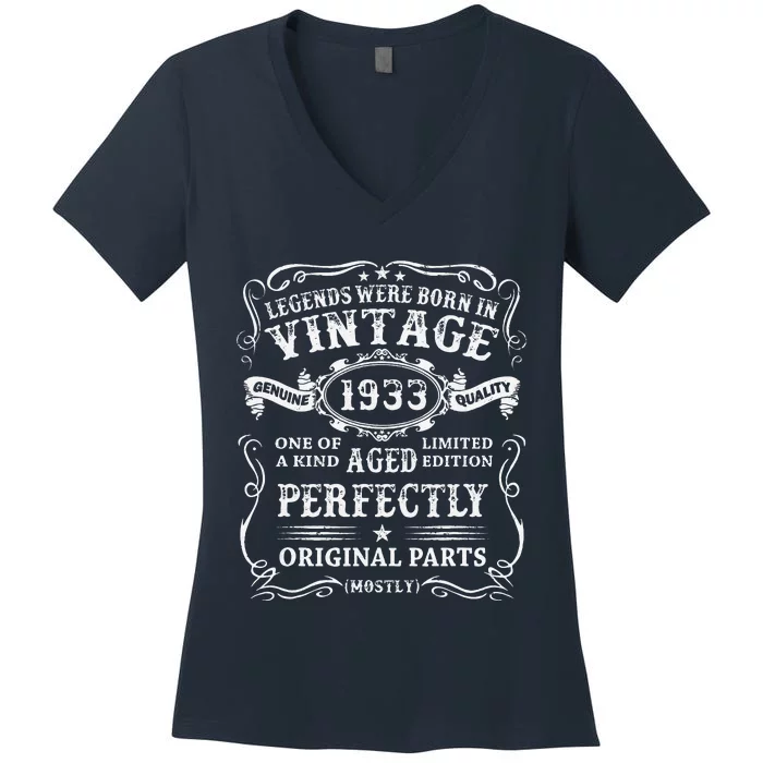 Legends Born In 1933 Vintage 90th Birthday 90 Years Old Women's V-Neck T-Shirt