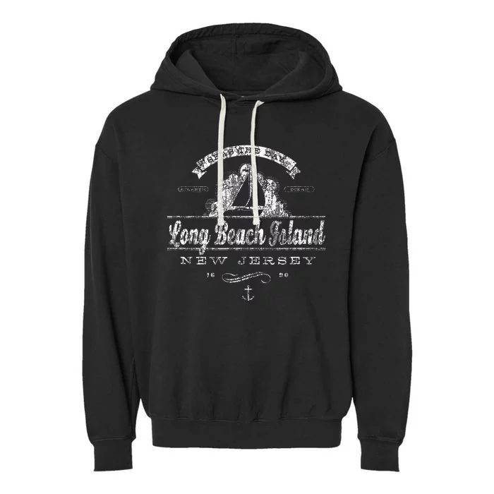 Long Beach Island Nj Sailboat Vintage Nautical Garment-Dyed Fleece Hoodie