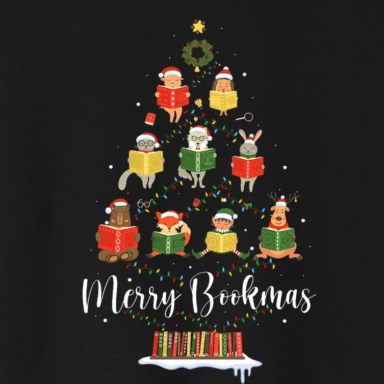 Librarian Book Lover Books Christmas Tree Merry Bookmas Xmas Women's Crop Top Tee