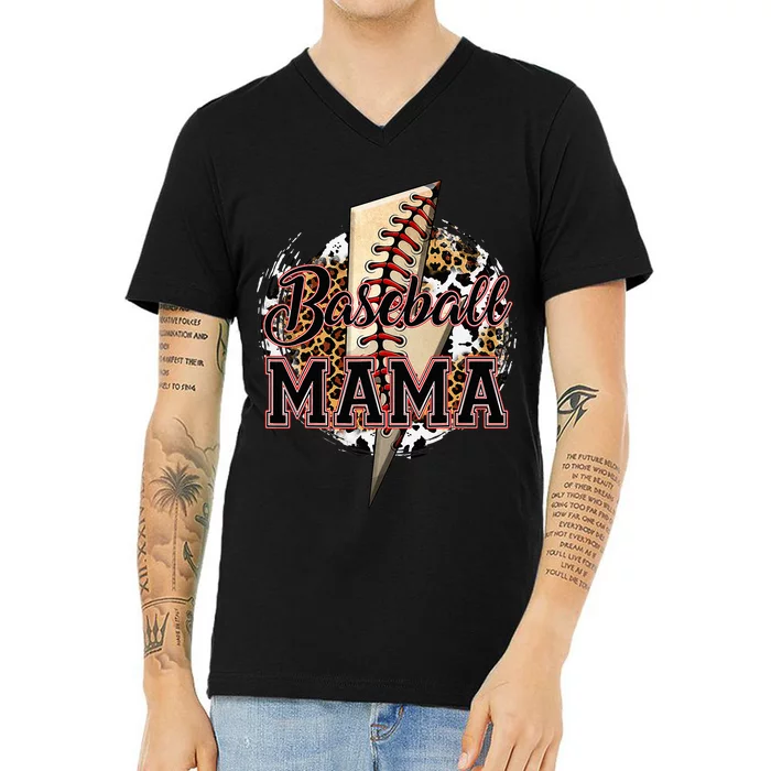 Leopard Baseball Lightning Bolt Sport Mom Mother's Day V-Neck T-Shirt