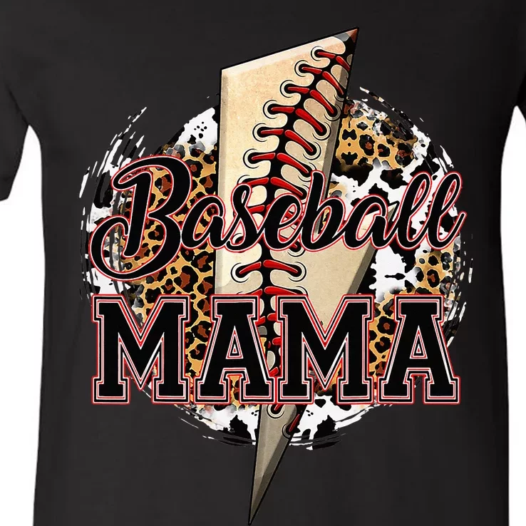 Leopard Baseball Lightning Bolt Sport Mom Mother's Day V-Neck T-Shirt