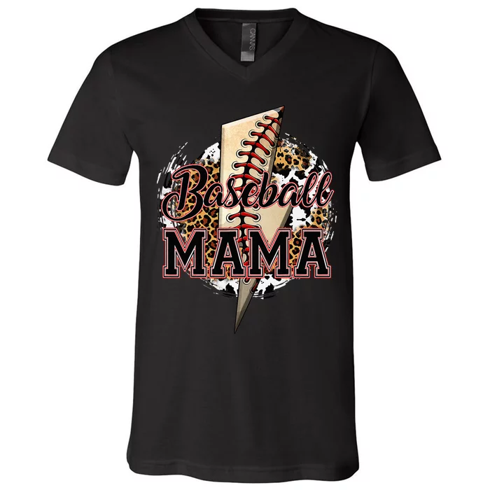 Leopard Baseball Lightning Bolt Sport Mom Mother's Day V-Neck T-Shirt