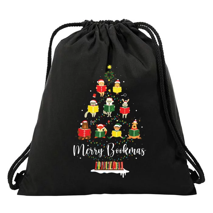 Librarian Book Lover Books Christmas Tree Merry Bookmas Xmas Drawstring Bag