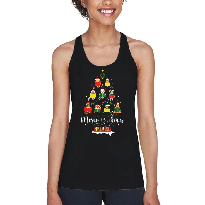 Librarian Book Lover Books Christmas Tree Merry Bookmas Xmas Women's Racerback Tank