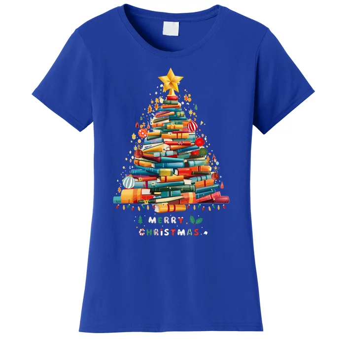 Library Book Lover Teacher Christmas Tree Made Of Books Gift Women's T-Shirt