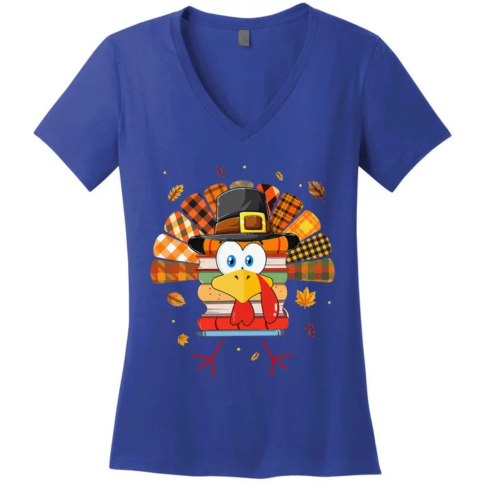 Librarian Book Lover Reader Funny Turkey Thanksgiving Fall Women's V-Neck T-Shirt