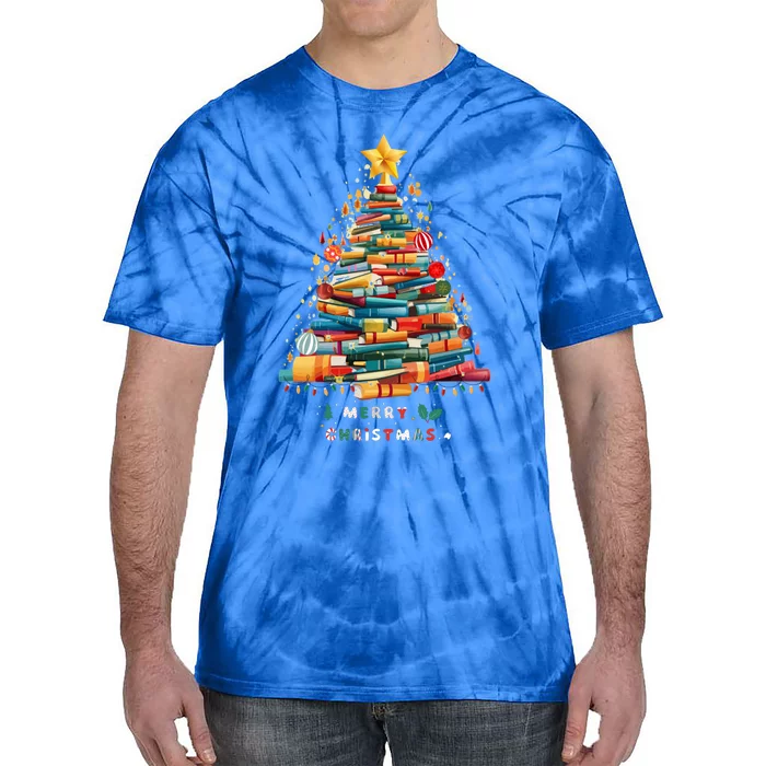 Library Book Lover Teacher Christmas Tree Made Of Books Gift Tie-Dye T-Shirt