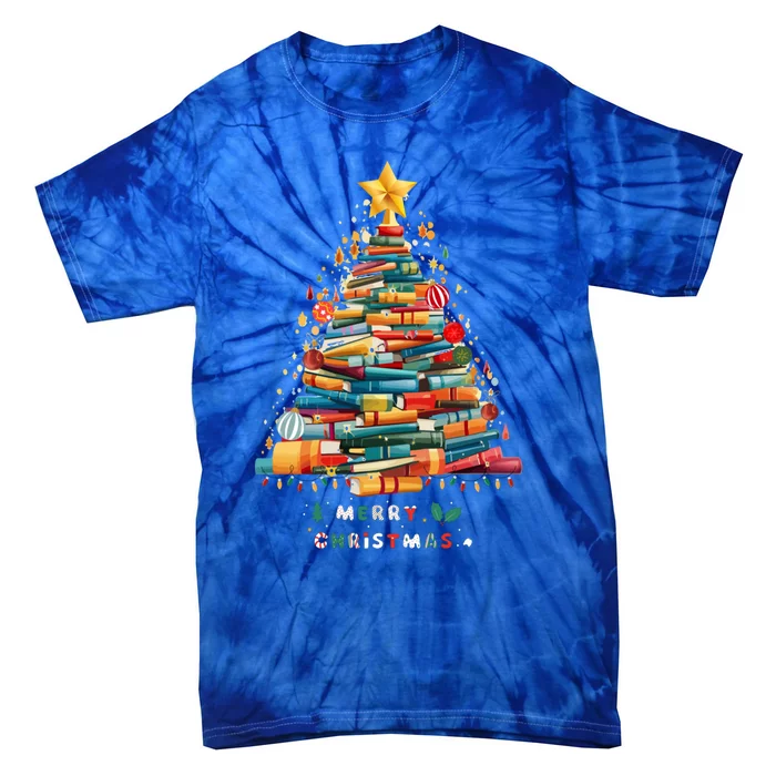 Library Book Lover Teacher Christmas Tree Made Of Books Gift Tie-Dye T-Shirt