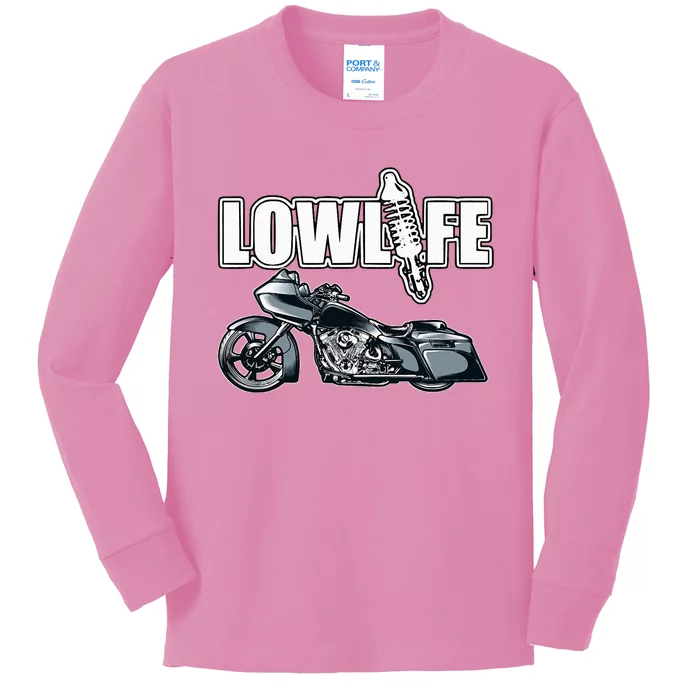 Lowlife Bagger Motorcycle . Chicano Vicla Lowrider Bikes Kids Long Sleeve Shirt