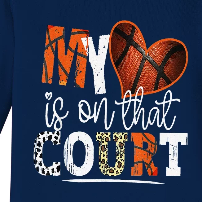 Leopard Basketball Mom My Heart Is On That Court Basketball Baby Long Sleeve Bodysuit