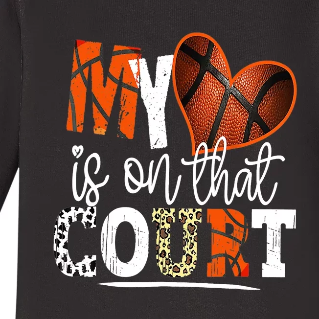 Leopard Basketball Mom My Heart Is On That Court Basketball Baby Long Sleeve Bodysuit