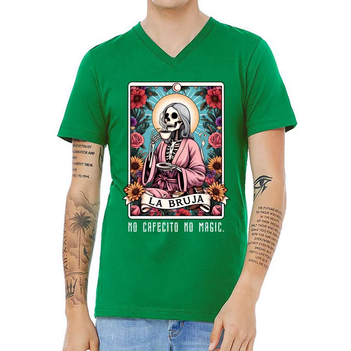 La Bruja No Cafecito No Magic Skeleton V-Neck T-Shirt