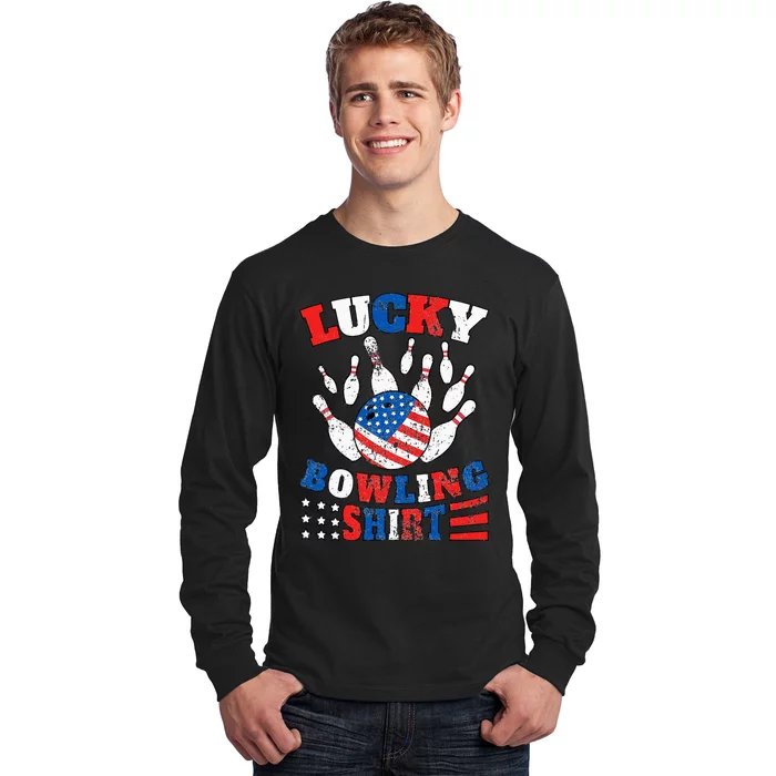 Lucky Bowling Patriotic American Flag 4th July Bowler Long Sleeve Shirt