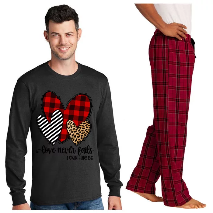 Leopard Buffalo Plaid Hearts Love Never Fails Valentines Day Gift Long Sleeve Pajama Set