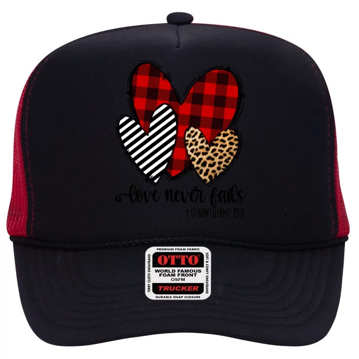 Leopard Buffalo Plaid Hearts Love Never Fails Valentines Day Gift High Crown Mesh Trucker Hat