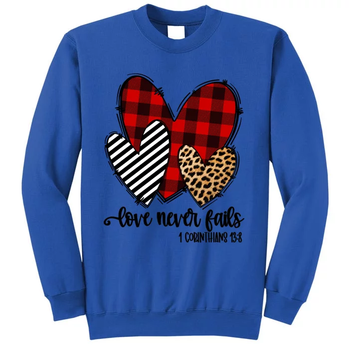 Leopard Buffalo Plaid Hearts Love Never Fails Valentines Day Gift Sweatshirt