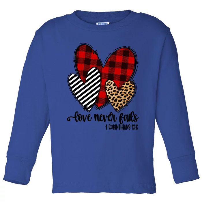 Leopard Buffalo Plaid Hearts Love Never Fails Valentines Day Gift Toddler Long Sleeve Shirt