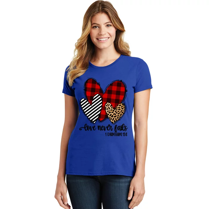 Leopard Buffalo Plaid Hearts Love Never Fails Valentines Day Gift Women's T-Shirt