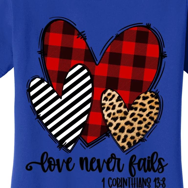 Leopard Buffalo Plaid Hearts Love Never Fails Valentines Day Gift Women's T-Shirt