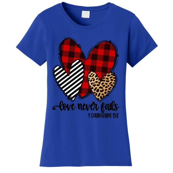 Leopard Buffalo Plaid Hearts Love Never Fails Valentines Day Gift Women's T-Shirt