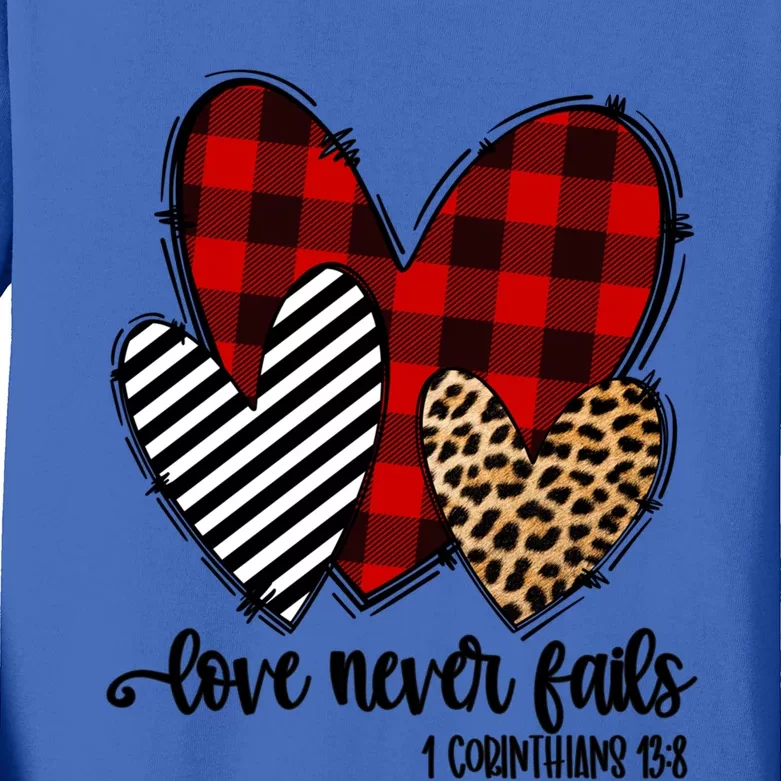 Leopard Buffalo Plaid Hearts Love Never Fails Valentines Day Gift Kids Long Sleeve Shirt