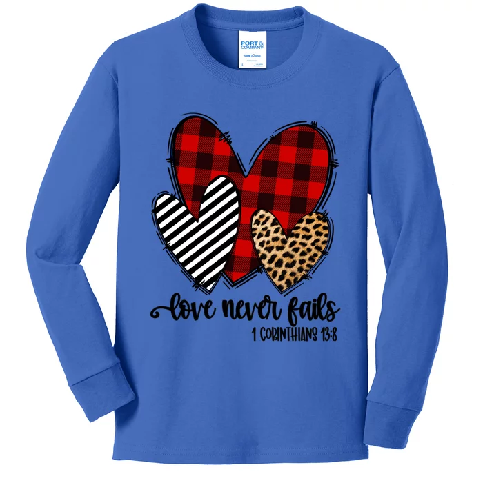 Leopard Buffalo Plaid Hearts Love Never Fails Valentines Day Gift Kids Long Sleeve Shirt