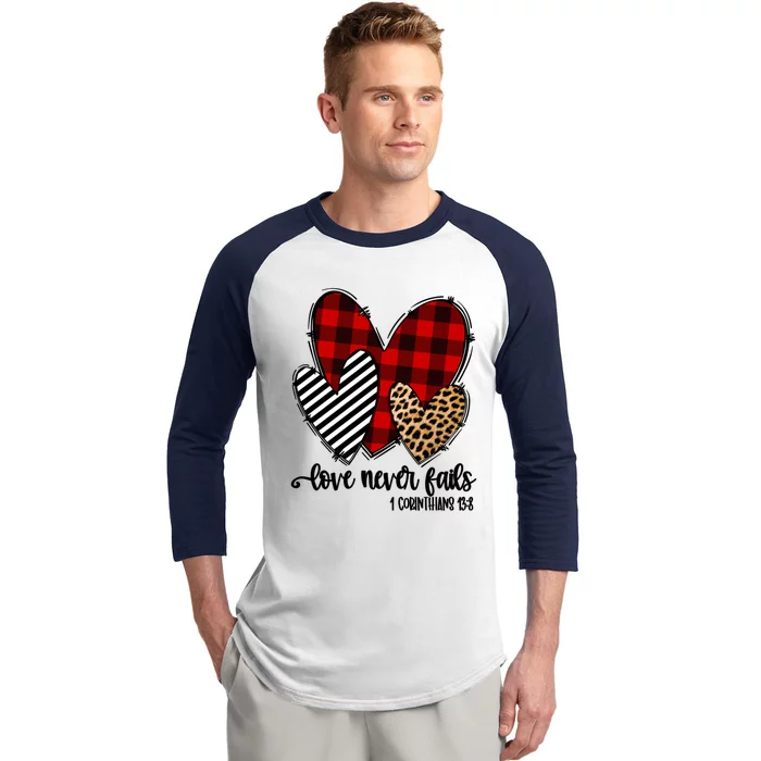 Leopard Buffalo Plaid Hearts Love Never Fails Valentines Day Gift Baseball Sleeve Shirt