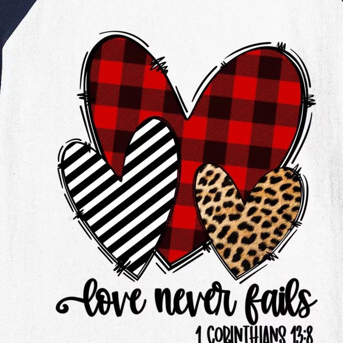 Leopard Buffalo Plaid Hearts Love Never Fails Valentines Day Gift Baseball Sleeve Shirt