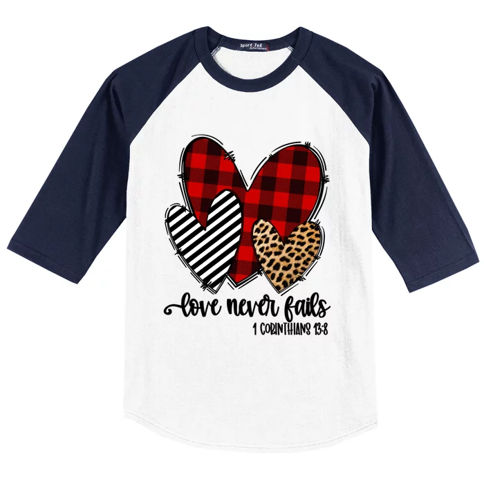 Leopard Buffalo Plaid Hearts Love Never Fails Valentines Day Gift Baseball Sleeve Shirt