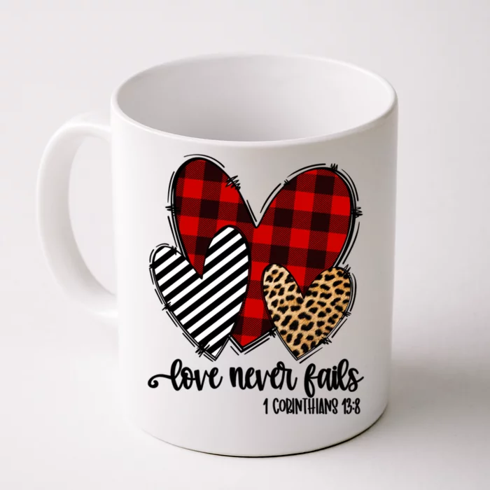 Leopard Buffalo Plaid Hearts Love Never Fails Valentines Day Gift Front & Back Coffee Mug