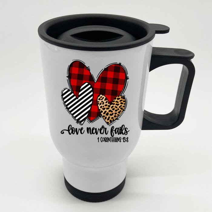 Leopard Buffalo Plaid Hearts Love Never Fails Valentines Day Gift Front & Back Stainless Steel Travel Mug