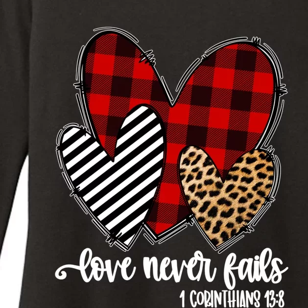 Leopard Buffalo Plaid Hearts Love Never Fails Valentines Day Gift Womens CVC Long Sleeve Shirt