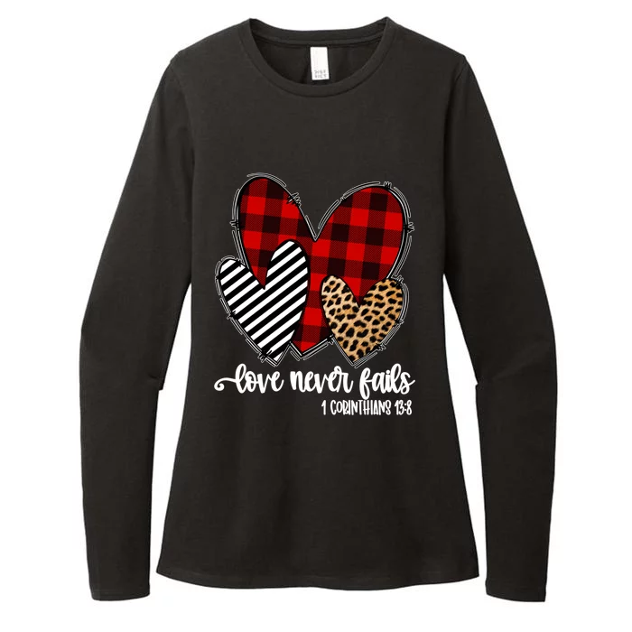 Leopard Buffalo Plaid Hearts Love Never Fails Valentines Day Gift Womens CVC Long Sleeve Shirt