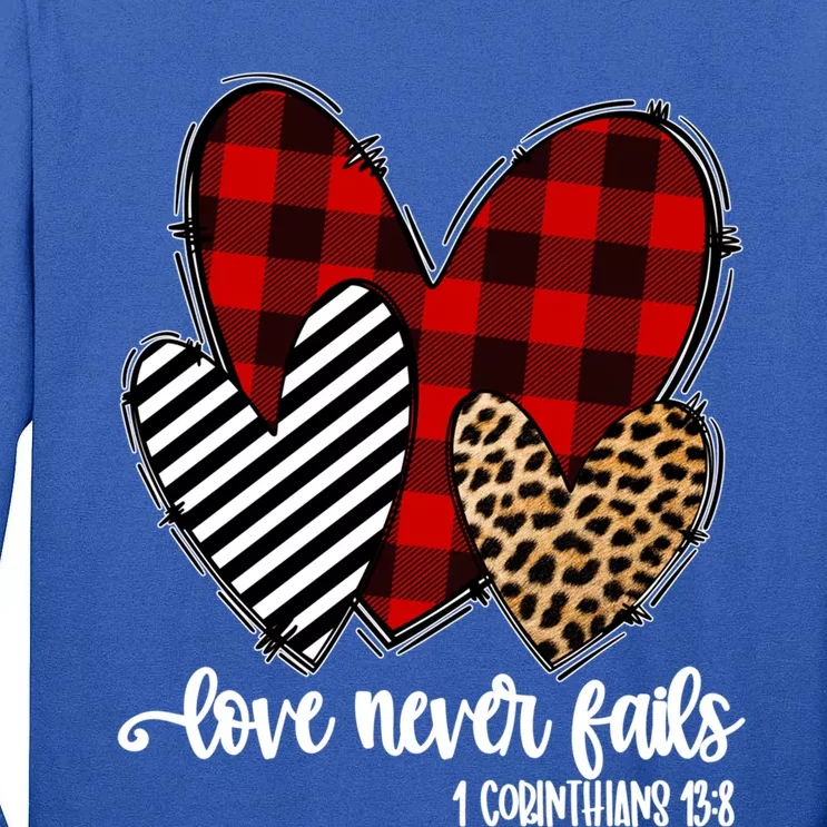 Leopard Buffalo Plaid Hearts Love Never Fails Valentines Day Gift Tall Long Sleeve T-Shirt