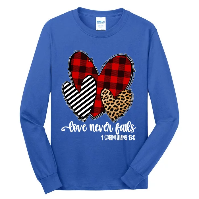 Leopard Buffalo Plaid Hearts Love Never Fails Valentines Day Gift Tall Long Sleeve T-Shirt