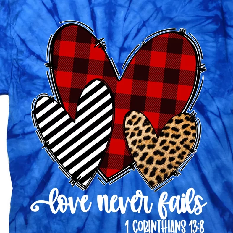 Leopard Buffalo Plaid Hearts Love Never Fails Valentines Day Gift Tie-Dye T-Shirt