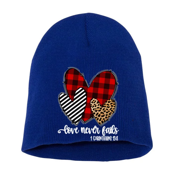 Leopard Buffalo Plaid Hearts Love Never Fails Valentines Day Gift Short Acrylic Beanie