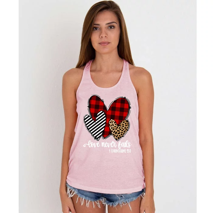 Leopard Buffalo Plaid Hearts Love Never Fails Valentines Day Gift Women's Knotted Racerback Tank